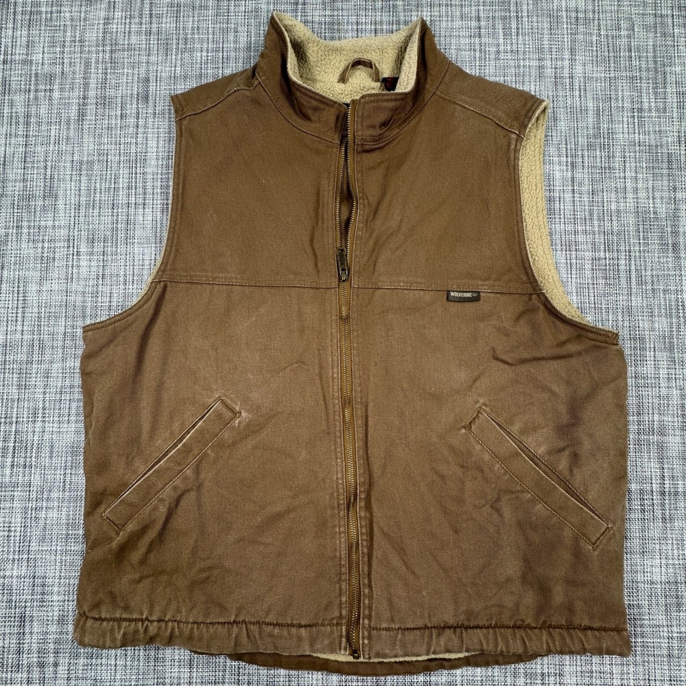 Wolverine Men's Brown Canvas Sherpa Lined Work Vest Full Zip Size Large Outdoor